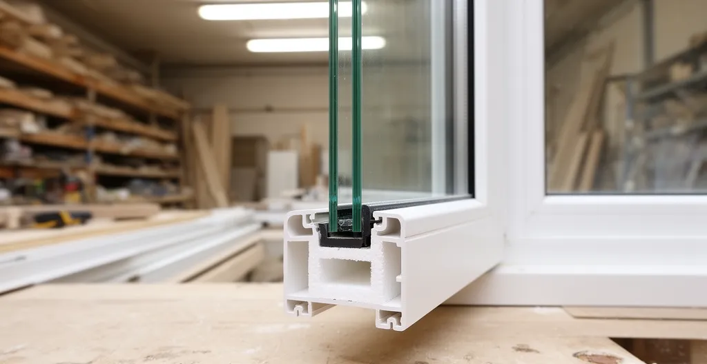 Coin de fenêtre PVC montrant les chambres d'isolation du profilé