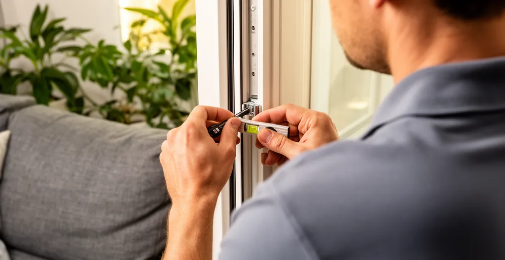 Technicien vérifiant l'étanchéité d'une fenêtre depuis l'intérieur