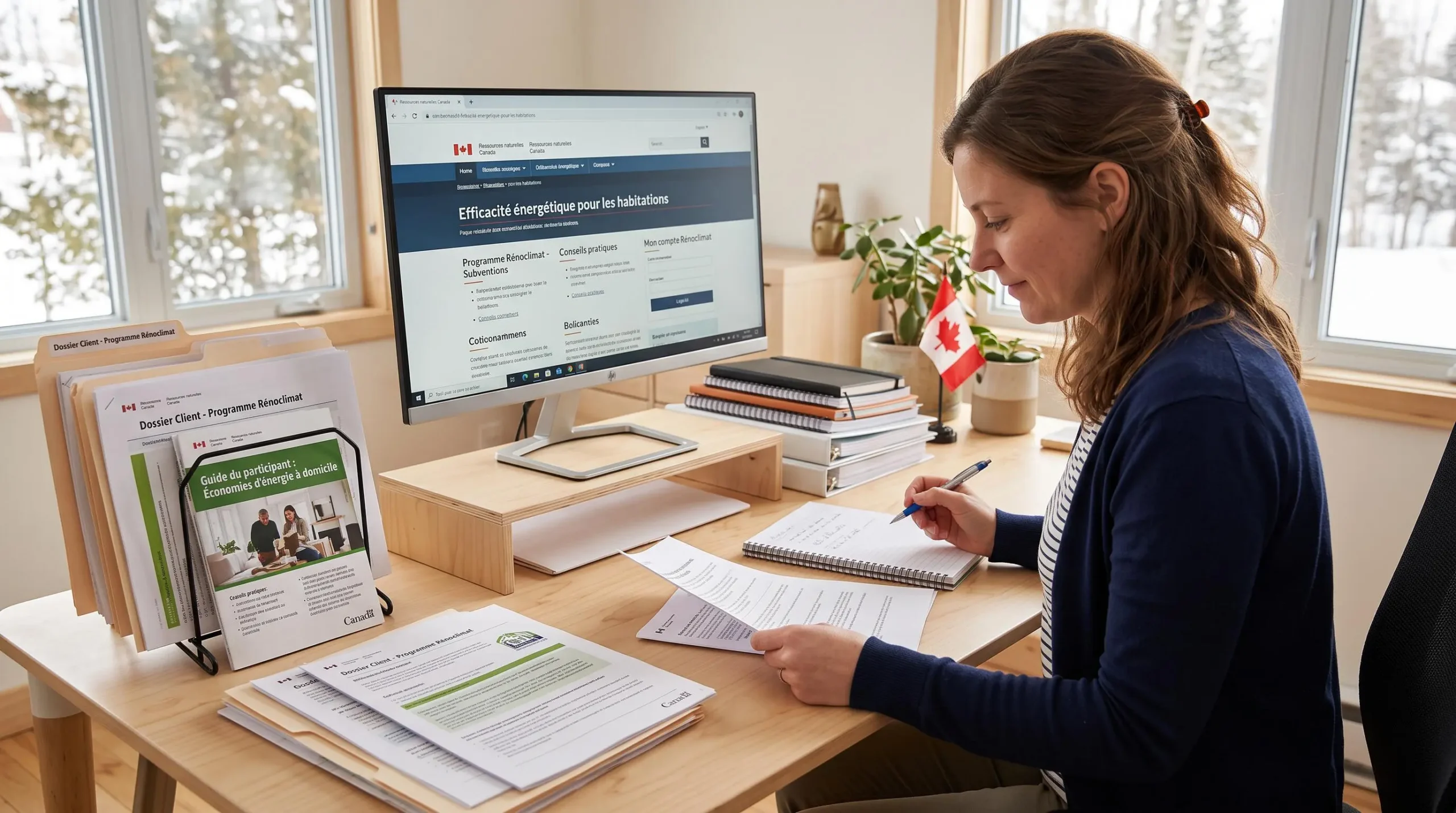 Bureau de conseiller en efficacité énergétique avec documentation du programme Rénoclimat et interface gouvernementale canadienne