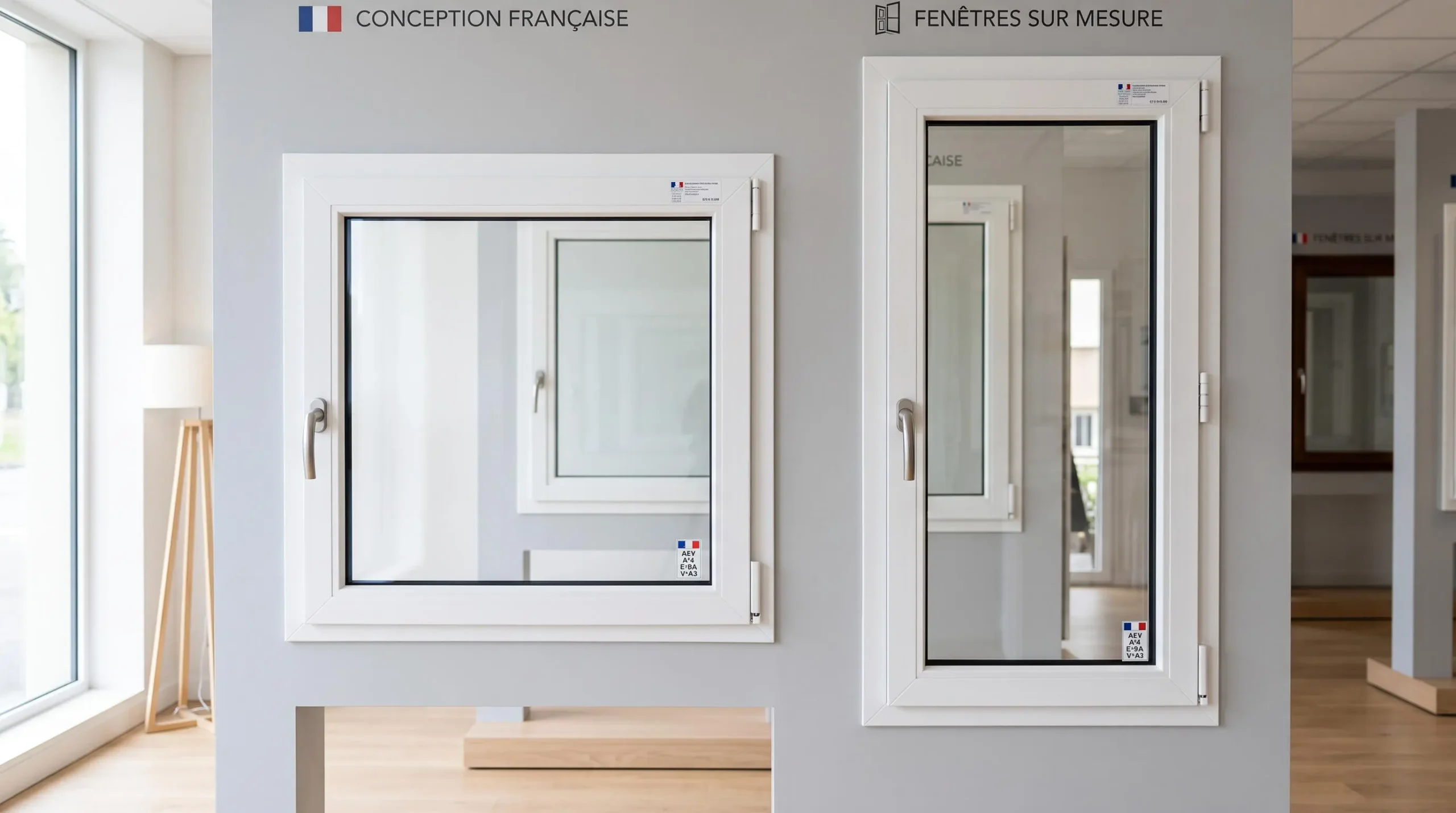 Deux fenêtres PVC blanches neuves exposées côte à côte dans un showroom, l'une au format carré standard, l'autre de proportions étroites atypiques