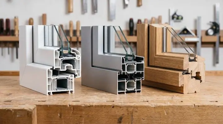 Échantillons de matériaux de fenêtres PVC, aluminium et bois disposés sur un établi d'atelier professionnel