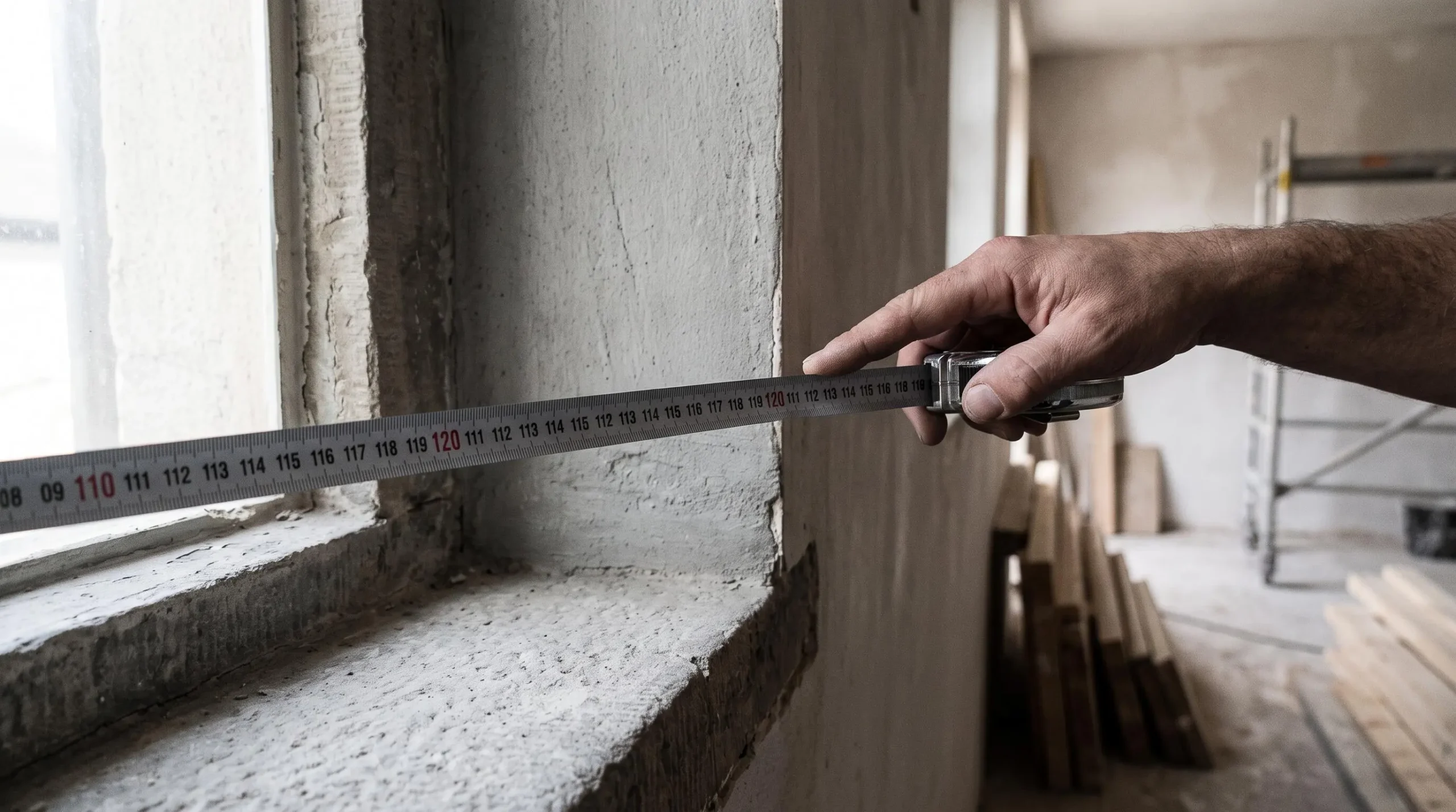 Main tenant un mètre ruban professionnel mesurant la largeur d'un tableau de fenêtre en maçonnerie