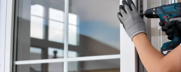 Menuisier professionnel positionnant une fenêtre PVC neuve dans l'ouverture murale d'une maison en rénovation, niveau et mètre à proximité