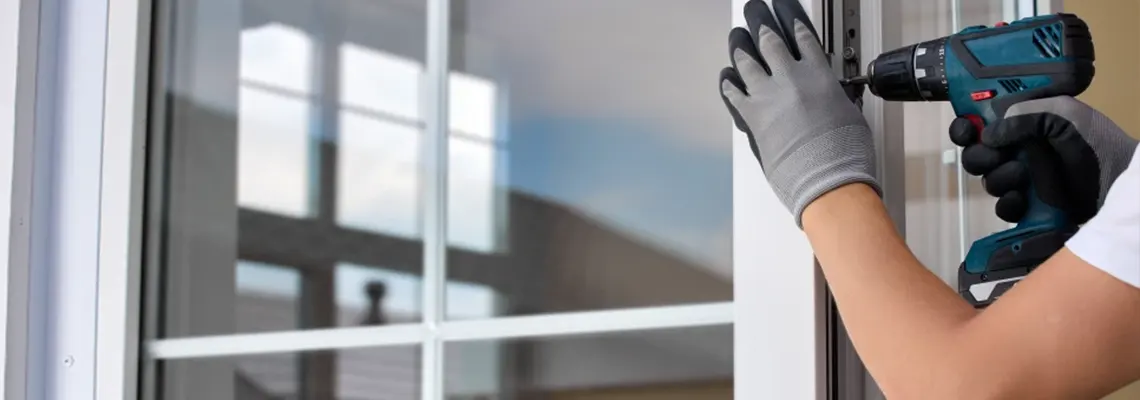 Menuisier professionnel positionnant une fenêtre PVC neuve dans l'ouverture murale d'une maison en rénovation, niveau et mètre à proximité