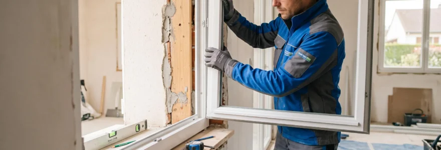 Menuisier professionnel positionnant une fenêtre PVC neuve dans l'ouverture murale d'une maison en rénovation, niveau et mètre à proximité