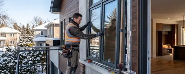 Technicien professionnel installant une fenêtre haute performance dans une maison résidentielle du Québec avec outils spécialisés